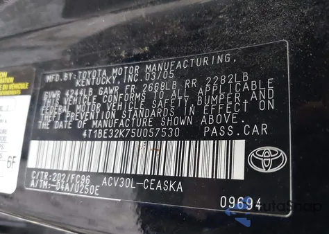 2005 Toyota Camry Se z USA, uszkodzony, nr VIN 4T1BE32K75U057530